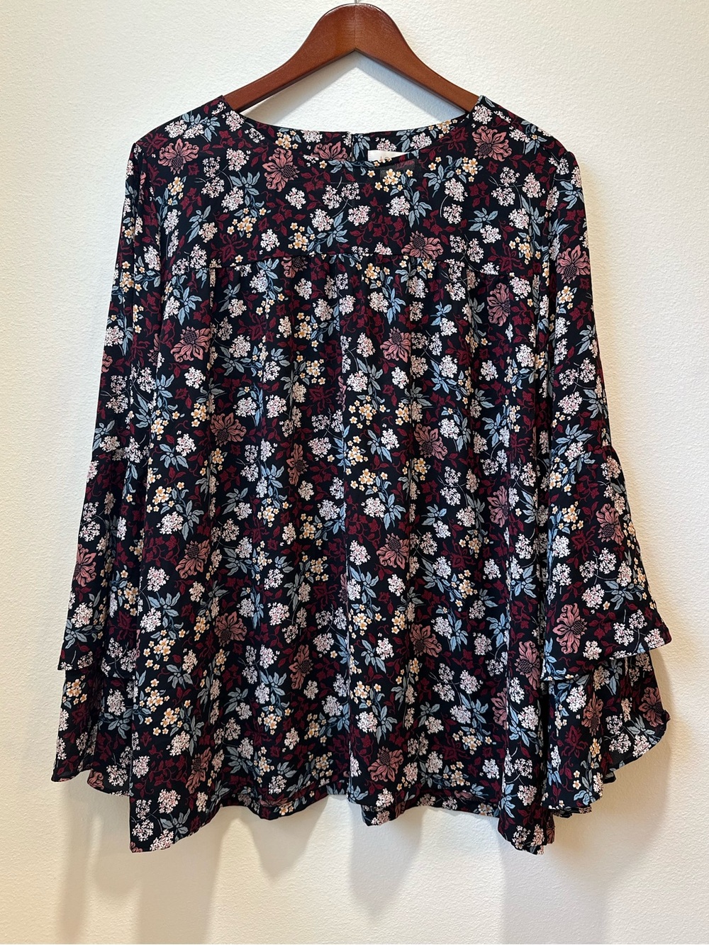 LOFT XL Dark Floral Babydoll Blouse Bell Sleeve Boho Fall Top